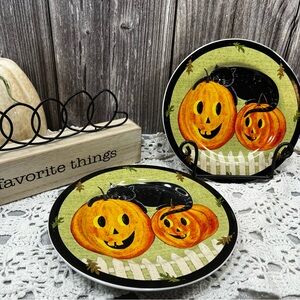 Halloween Warren Kimble Yr. 2000 Pumpkin Dreams Set of 2-Grn Salad Plates 8.25"